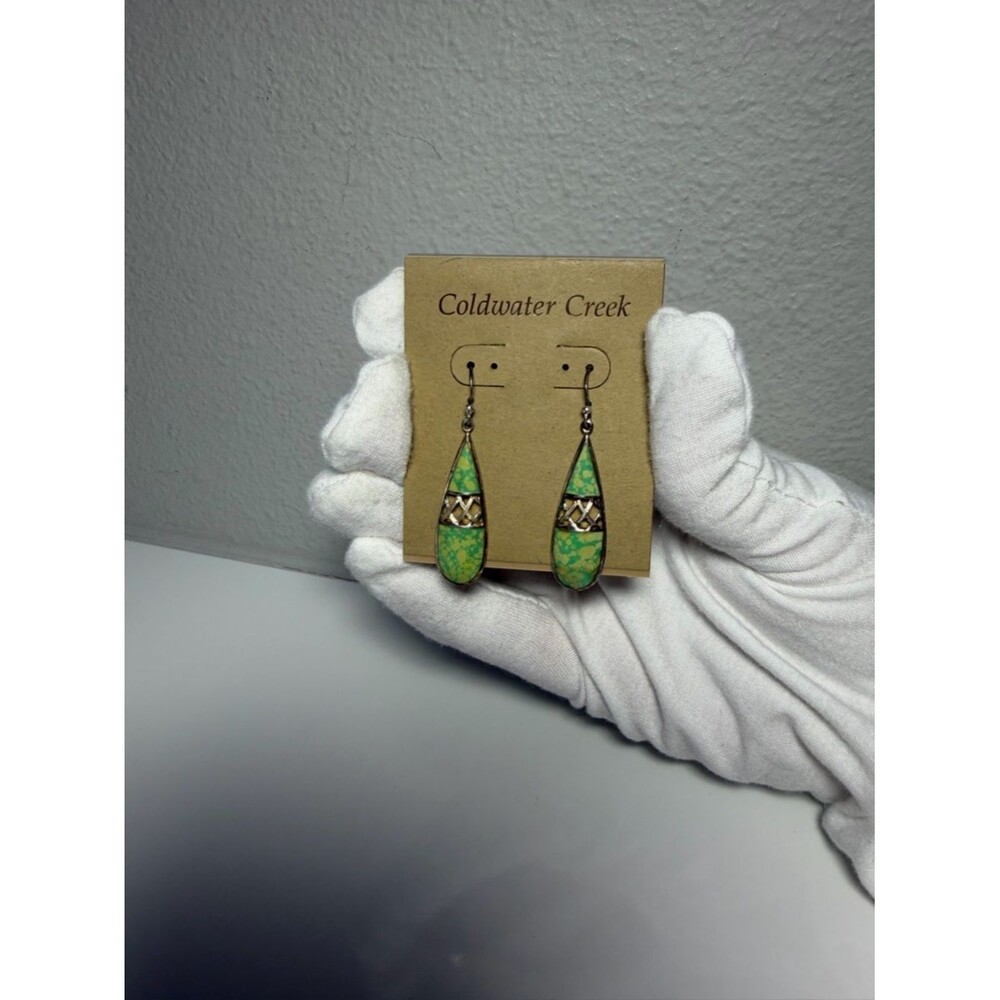 Coldwater Creek Green Mosaic Teardrop Earrings with Silver Detail